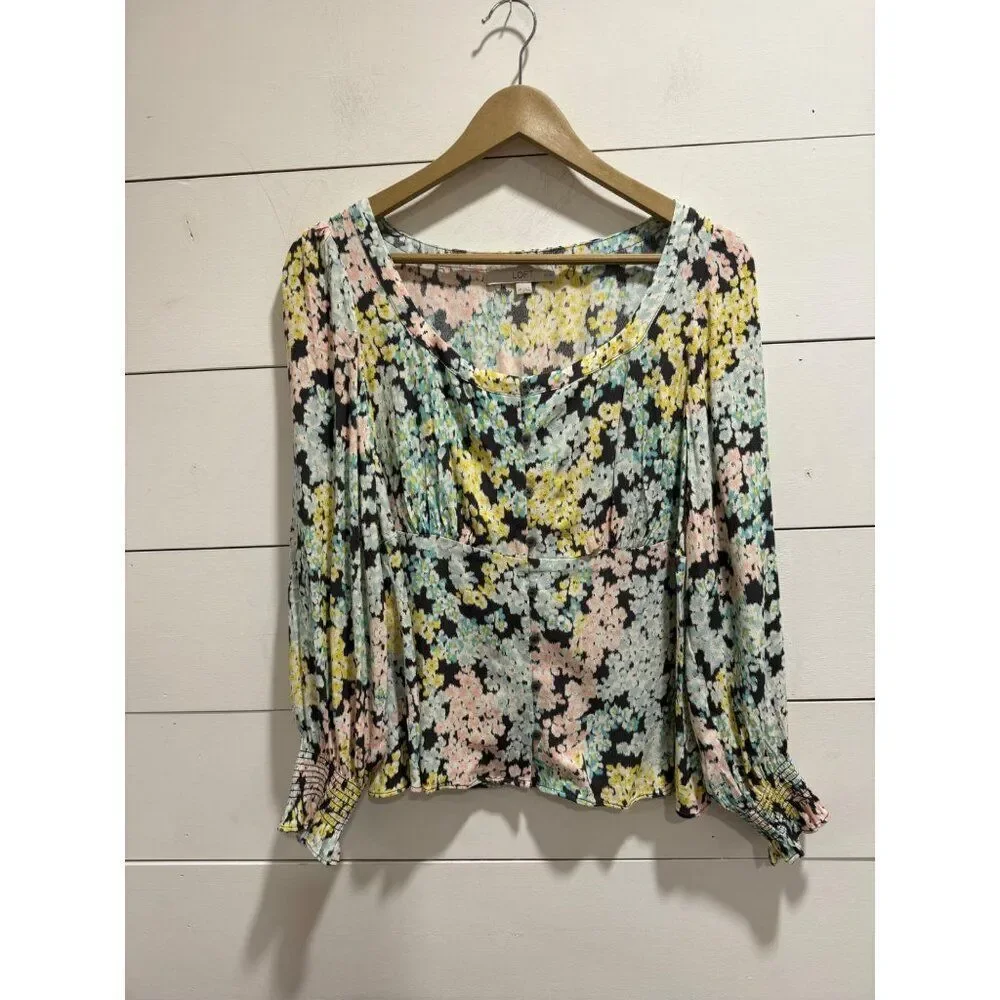 Loft Garden Smocked Cuff Square Neckline Blouse Medium Petite MP